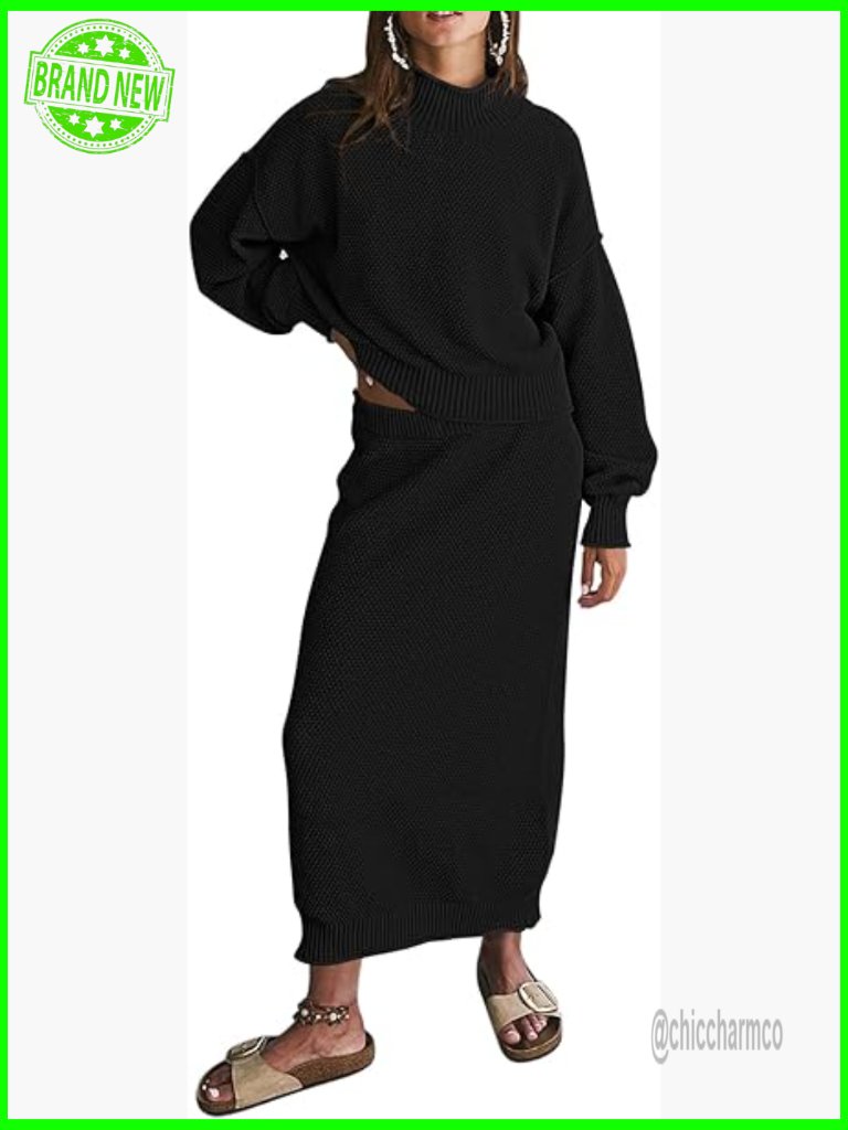 Oversized Mock Neck Sweater Top With Bodycon Maxi Skirt Set Size Small